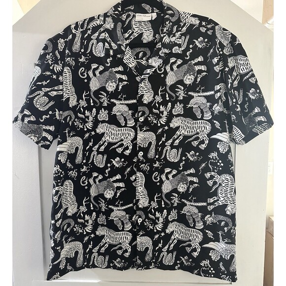Level Ten Short Sleeve Button Down Shirt Black White Asian Tiger Dragon Size L - Picture 1 of 5